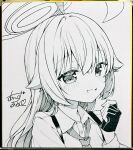  1girl :d ahoge anzu_ame blue_archive blush clenched_hand collared_shirt commentary_request dress_shirt fang fingerless_gloves gloves hair_between_eyes hair_intakes hair_over_shoulder halo hand_up heart highres hoshino_(blue_archive) long_hair looking_at_viewer monochrome necktie open_mouth photo_(medium) school_uniform shikishi shirt sidelocks signature simple_background skin_fang smile solo traditional_media upper_body white_background 