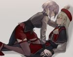  2girls absurdres amoris_(bang_dream!) animal_ears ascot bang_dream! bang_dream!_it's_mygo!!!!! beret black_capelet black_pantyhose black_vest blonde_hair blush capelet closed_mouth commentary grey_background hanetsuka hat highres long_sleeves mortis_(bang_dream!) mortis_(costume)_(bang_dream!) multiple_girls pantyhose red_eyes red_hat red_shoes red_shorts see-through_clothes see-through_sleeves shoes shorts simple_background vest wakaba_mutsumi white_ascot yellow_eyes yuri yuutenji_nyamu 