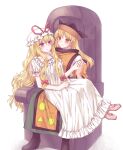  2girls absurdres blonde_hair blush boots bow brown_boots brown_hat closed_mouth commentary constellation_print detached_sleeves dress frilled_dress frills green_skirt hat hat_ribbon high_heel_boots high_heels highres holding_hands long_hair matara_okina mob_cap mochigumo multiple_girls on_throne orange_eyes orange_tabard pink_shoes purple_eyes red_bow red_ribbon ribbon shoes simple_background sitting sitting_on_lap sitting_on_person sketch skirt smile sun_print tabard throne touhou very_long_hair white_background white_dress white_hat yakumo_yukari yuri 
