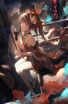  1girl absurdres bare_shoulders bell black_choker black_gloves black_hair breasts brown_hair building choker city city_lights commentary_request criss-cross_halter detached_sleeves dress fence finger_to_face fish floating_hair fox_mask from_side full_body gloves goldfish halterneck highres honkai:_star_rail honkai_(series) japanese_clothes kyoro_ina long_hair looking_at_viewer mask mask_on_head nail_polish neck_bell night outdoors pink_eyes red_dress red_nails red_sleeves rooftop sandals sitting small_breasts smile solo sparkle_(honkai:_star_rail) twintails 