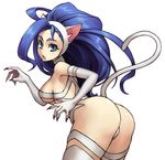  animal_ears ass bad_id bad_pixiv_id big_hair blue_eyes blue_hair cat_ears cat_tail felicia long_hair looking_back open_mouth simple_background slit_pupils solo tail takahina thighhighs vampire_(game) 
