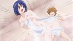  1boy 1girl animated animated_gif anime_screenshot blue_hair clothes_theft lowres naked_towel onsen sairenji_haruna shouting theft to_love-ru towel towel_theft yuuki_rito 