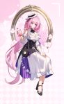  1girl absurdres ascot black_ascot black_shoes blue_eyes breasts cleavage commentary cup detached_sleeves disposable_cup dress drinking_straw elysia_(honkai_impact) elysia_(sweet_memories)_(honkai_impact) hat highres holding holding_cup honkai_(series) honkai_impact_3rd huangyou_ban_rousong large_breasts long_hair looking_at_viewer official_alternate_costume pink_hair pointy_ears shoes smile solo untranslatable_commentary very_long_hair white_dress white_hat 