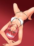  armpits arms_up bad_id bad_pixiv_id barefoot bikini breasts covered_nipples hairband hands kamia_(not_found) kasuga_aya large_breasts navel original pink_eyes pink_hair shiny shiny_skin short_hair solo spread_legs string_bikini swimsuit tiptoes upside-down 