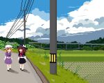  2girls back_bow black_capelet black_hat black_shoes black_skirt blue_sky bow brown_eyes capelet commentary full_body hat hat_bow highres long_sleeves maribel_hearn mob_cap multiple_girls necktie open_mouth own_hands_together pixel_art red_necktie ribbon-trimmed_capelet ribbon_trim rice_paddy ruru2koichi shirt shirt_tucked_in shoes skirt sky touhou untranslatable_commentary usami_renko utility_pole walking white_hat white_shirt yellow_eyes 