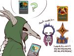  1boy 2girls aki_(xdd) animal_skull bandaged_hand bandages blue_fire cape card cloak dark-skinned_female dark_skin english_text fire flaming_head flaming_skull gameplay_mechanics green_cape green_cloak highres holding holding_card long_hair mask motion_blur multiple_girls one-eyed purple_robe robe simple_background skeleton skull skull-shaped_hat skull_mask skull_on_head slay_the_spire slay_the_spire_2 the_necrobinder_(slay_the_spire) the_regent_(slay_the_spire) the_silent_(slay_the_spire) white_background white_hair yellow_eyes 