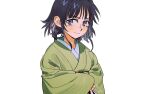  1girl 3headed_otaku commentary_request crossed_arms fate/samurai_remnant fate_(series) japanese_clothes kimono korean_commentary looking_at_viewer ogasawara_kaya purple_eyes purple_hair simple_background slippers white_background yukata 