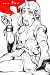  bare_shoulders blush breasts chain cuffs cup drunk ear_blush fingernails horn hoshiguma_yuugi japanese_clothes long_hair loose_clothes medium_breasts monochrome no_panties oekaki off_shoulder pointy_ears solo spot_color star sweat touhou translated watata13 