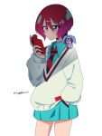  1boy 1girl amate_yuzuriha animal_ears aqua_eyes aqua_shirt aqua_skirt artist_name blue_hair blush cellphone closed_mouth collared_shirt eating gundam gundam_gquuuuuux highres holding holding_phone long_sleeves multicolored_hair necktie on_shoulder phone rabbit_ears red_eyes red_hair school_uniform shirt short_hair shuji_ito simple_background skirt smartphone sweater utinogohan210 