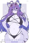  1girl animal_ear_fluff animal_ears blush bracelet breasts butterfly_hair_ornament commentary commission cowboy_shot english_commentary eyewear_on_head furry furry_female hair_between_eyes hair_ornament hand_on_own_hip hand_up highres jewelry large_breasts long_hair looking_at_viewer mo_(k40633) navel original parted_lips purple-tinted_eyewear purple_background purple_eyes purple_hair simple_background snout solo stomach sunglasses tail tinted_eyewear twitter_username 