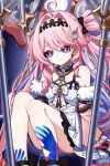  1girl absurdres ahoge bare_shoulders blue_eyes breasts closed_mouth colored_inner_hair commentary_request denia_(wuthering_waves) detached_sleeves dress gloves hair_intakes hair_ornament highres long_hair looking_at_viewer multicolored_eyes multicolored_hair pink_hair purple_eyes purple_hair red_gloves small_breasts smile solo two-tone_eyes white_dress wuthering_waves yeyou_(pwny8774) 