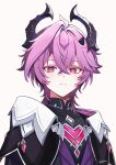  1boy black_cloak cloak commentary diamond-shaped_pupils diamond_(shape) dragon_horns durin_(genshin_impact) frown genshin_impact gradient_eyes highres horns looking_at_viewer male_focus multicolored_eyes pink_eyes purple_eyes purple_hair purple_shirt shirt short_hair simple_background solo sun_lythrum symbol-shaped_pupils upper_body white_background 
