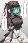  1girl absurdres black_hair breasts commentary_request display dress gradient_hair grey_background highres kameoka908 kurusu_makina_(milky_galactic_universe) long_hair looking_at_viewer mechanical_arms milky_galactic_universe milky_subway multicolored_hair open_mouth robot_girl see-through_clothes see-through_dress simple_background solo speech_bubble translation_request two-tone_hair 