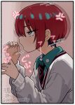  1girl afterimage amate_yuzuriha anger_vein aqua_eyes aqua_hair aqua_shirt artist_name black_necktie blush border commentary_request diagonal-striped_clothes diagonal-striped_necktie fellatio from_side fuyudori_yukino grabbing_another's_penis gundam gundam_gquuuuuux hair_between_eyes half-closed_eyes highres invisible_man invisible_penis long_sleeves looking_up multicolored_hair necktie open_collar oral red_hair red_necktie school_uniform shirt short_hair simple_background solo sound_effects striped_clothes striped_necktie sweater twitter_username upper_body white_sweater 