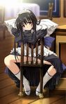  akishima_kanako black_hair blush brown_eyes chair chocolat_maid_cafe_curio long_hair maid nekonyan panties sitting sitting_backwards skirt solo spread_legs underwear 