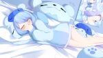  1girl absurdres bed blue_hair blush buruii_tte commentary english_commentary headphones headphones_around_neck highres holding icey_snowpaws long_sleeves lying on_bed on_side one_eye_closed open_mouth paw-shaped_pupils paw_print pillow sleep_mask symbol-shaped_pupils vallure virtual_youtuber zzz 