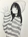  1girl arm_at_side ass beanie closed_mouth commentary_request expressionless from_side greyscale hand_up hat highres long_hair long_sleeves looking_at_viewer monochrome open_hand original pen_(medium) photo_(medium) sketch sleeves_past_wrists solo straight_hair striped_clothes striped_sweater sweater traditional_media turning_head upper_body waving yoshimizm 