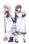  2girls :o absurdres alternate_costume apron asymmetrical_sidelocks black_boots black_dress black_shoes blonde_hair boots bow broom brown_eyes brown_hair bucket collared_dress commentary contrast_collar dress frilled_dress frills full_body grin hair_bow handkerchief hat high_heel_boots high_heels highres holding holding_bucket holding_handkerchief interlocked_fingers leggings long_hair long_sleeves maid maid_headdress maribel_hearn mary_janes mob_cap multiple_girls nnn_lu own_hands_together purple_eyes shoes short_sleeves sidelocks smile touhou usami_renko white_apron white_background white_bow white_hat white_leggings 