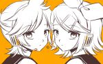  1boy 1girl antenna_hair commentary_request from_side frown g_hana greyscale greyscale_with_colored_background hair_ornament hairclip headphones headset highres kagamine_len kagamine_rin looking_at_viewer medium_hair monochrome orange_background parallel_hairclips parted_bangs ponytail portrait sailor_collar short_hair short_ponytail sidelocks signature simple_background turning_head vocaloid 