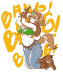  1girl animal_ears blue_pants boots breasts brown_boots brown_gloves brown_hair brown_hat cleavage denim full_body gloves hair_ornament hat hat_on_back highres horse_ears horse_girl horse_tail jeans looking_at_viewer midriff one_eye_closed pants solo star_(symbol) star_hair_ornament taiki_shuttle_(umamusume) taiki_shuttle_(wild_frontier)_(umamusume) tail tendocake umamusume 