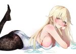  1girl aizawa_ema aqua_hair ass bare_shoulders black_pantyhose blonde_hair blue_eyes blush breasts cleavage closed_mouth commentary eno3_3ki8 floral_print floral_print_pantyhose gradient_hair large_breasts long_hair looking_at_viewer lying multicolored_hair on_stomach pantyhose print_pantyhose simple_background smile solo thighs two-tone_hair virtual_youtuber vspo! white_background white_loincloth 