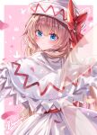  1girl absurdres blonde_hair blue_eyes blush bow capelet chinese_commentary closed_mouth commentary_request dress fairy fairy_wings hat hat_bow highres lily_white long_hair long_sleeves red_bow signature smile solo top-exerou touhou very_long_hair white_capelet white_dress white_hat wings 