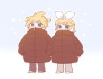  1boy 1girl alternate_costume antenna_hair blonde_hair blue_background blue_eyes blush bow brown_coat chibi chibi_only coat commentary_request earmuffs full_body g_hana hair_ornament hairclip highres kagamine_len kagamine_rin leg_warmers long_sleeves looking_at_viewer matching_outfits outline oversized_coat parallel_hairclips parted_bangs ponytail shoes short_hair short_ponytail sidelocks snot snowing vocaloid white_bow white_outline white_shoes winter_clothes 