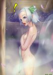  1girl :o blue_eyes blush breasts embarrassed fang flat_chest forehead ghost green_hairband hairband konpaku_youmu konpaku_youmu_(ghost) looking_back mossari_poteto night night_sky nude open_mouth outdoors petals short_hair sideboob silver_hair sky small_breasts solo standing steam surprised touhou towel wet 