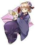  1girl alternate_hairstyle asa_no_ha_(pattern) blonde_hair blue_jacket closed_mouth commentary_request datemegane egasumi flat_chest flower full_body green_eyes hair_bun hair_flower hair_ornament hair_rings haori highres invisible_chair jacket japanese_clothes kimono long_sleeves luna_(shadowverse) medium_hair new_year purple_kimono sandals seigaiha shadowverse single_hair_ring sitting smile solo wide_sleeves yukata 