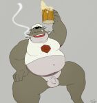 2026 alcohol anthro aquatic balls beer belly beverage big_belly biped blush catfish clothing fish flaccid genitals hat headgear headwear hi_res humanoid_genitalia humanoid_hands humanoid_penis jamejarrs male moobs navel one_eye_closed overweight overweight_male penis shirt simple_background small_penis smoking solo topwear vivarium_(game) wink