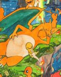 alternate_color berry_(pokemon) breath_weapon breathing_fire bush charizard charmander claws closed_eyes closed_mouth commentary cropped dragon dragon_wings english_commentary evolutionary_line fangs fire flame-tipped_tail head_rest highres mofinngram no_humans nostrils open_mouth outdoors painting_(medium) pinap_berry pokemon pokemon_(creature) pokemon_focus shiny_and_normal shiny_pokemon smile tail traditional_media water watercolor_(medium) wings 
