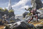  4others aiming ambiguous_gender aqua_armor aqua_helmet arc-920 armor assault_rifle assault_visor blue_assault_visor blurry blurry_foreground building bullpup bush cloud cloudy_sky combat_helmet dry_grass english_commentary explosive full_armor grass green_armor green_helmet grenade gun gun_on_back halo_(series) helmet hill holding holding_grenade holding_gun holding_weapon isaac_hannaford knee_armor m45_shotgun ma5 military mountainous_horizon multiple_others nature official_art orange_assault_visor pauldrons plant power_armor pump_action railgun red_armor red_helmet rifle rock running science_fiction shotgun shoulder_armor sky soldier spartan_(halo) standing throwing_weapon water weapon weapon_on_back white_armor white_helmet 