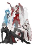  2boys 3girls absurdres alpha:_crimson_weave_(pgr) alpha_(pgr) black_bodysuit black_bra black_cape black_collar black_hat black_leggings black_sclera blue_eyes blue_hair bodysuit bra breasts cape cleavage collar colored_sclera commentary_request detached_collar elbow_gloves embarrassed eyewear_around_neck fins full_body gabriel_(pgr) gi_ra1 gloves grey_hair grey_jacket hair_ornament hat head_fins headgear heterochromia highres humanoid_robot jacket lamia:_lost_lullaby_(pgr) lamia_(pgr) leggings long_hair luna:_oblivion_(pgr) luna_(pgr) mechanical_arms multicolored_hair multiple_boys multiple_girls open_clothes open_jacket ponytail punishing:_gray_raven red_bodysuit red_eyes red_hair robot roland:_flambeau_(pgr) roland_(pgr) shell shell_hair_ornament streaked_hair torn_clothes torn_leggings twintails underwear very_long_hair 