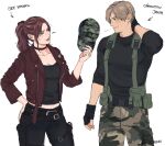  1boy 1girl arm_behind_head black_gloves black_pants black_shirt blonde_hair blue_eyes brown_hair camouflage camouflage_hat camouflage_pants claire_redfield cowboy_shot english_commentary eye_contact gloves green_hat hand_on_own_hip hat high_ponytail highres holding holding_unworn_clothes holding_unworn_hat jacket leon_s._kennedy looking_at_another pants ponytail red_jacket resident_evil resident_evil_-_code:_veronica resident_evil_veronica shirt smile tsarwenn unworn_hat unworn_headwear white_background 