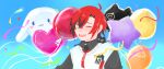  1boy ahoge balloon black_hair black_shirt black_streaks blue_background character_balloon cinnamoroll closed_eyes collared_shirt confetti creature creature_on_shoulder fangs fuwa_fuwa_cinnamoroll happy heart_balloon highres holostars holostars_english machina_x_flayon machina_x_flayon_(2nd_costume) machiroon_(machina_x_flayon) male_focus mangosign multicolored_hair official_alternate_costume on_shoulder open_mouth red_hair sanrio shirt smile star_balloon streaked_hair sweater_vest upper_body virtual_youtuber white_sweater_vest 