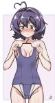  1girl ahoge blush breasts closed_mouth clothes_hanger embarrassed groin heart heart_ahoge highres hiiragi_utena holding holding_clothes_hanger looking_at_object looking_down mahou_shoujo_ni_akogarete medium_breasts medium_hair nude one-piece_swimsuit purple_hair purple_one-piece_swimsuit redaxiscyber signature solo swimsuit unworn_swimsuit yellow_eyes 