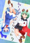  2girls antennae ascot black_cape black_shorts blue_bow blue_dress blue_eyes blue_hair blush bow brown_shoes cape cirno closed_mouth collared_shirt commentary_request cover cover_page doujin_cover dress full_body gingham_background green_eyes green_hair hair_between_eyes hair_bow highres long_sleeves looking_at_viewer matty_(zuwzi) multiple_girls pinafore_dress red_ascot red_cape shirt shoes short_hair short_sleeves shorts sleeveless sleeveless_dress smile socks star_(symbol) touhou translation_request two-sided_cape two-sided_fabric white_shirt white_socks wriggle_nightbug 