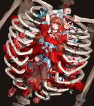  1girl 3026233904yin animal_ears arm_up bed_of_roses blood blue_bow blue_skirt blush bow brown_hair closed_mouth commentary detached_sleeves dress ear_covers english_commentary flower gloves hair_between_eyes hair_spread_out highres horse_ears horse_girl horse_tail knees_together_feet_apart long_hair looking_at_viewer lying multicolored_hair on_back overskirt reaching reaching_towards_viewer red_eyes red_flower red_overskirt red_rose red_shoes ribbon rose shoes single_hair_streak single_polished_nail skeleton skirt smile solo still_in_love_(scarlet_vow_raiment)_(umamusume) still_in_love_(umamusume) streaked_hair string string_of_fate tail thighhighs umamusume veil white_flower white_rose white_streaks white_veil 