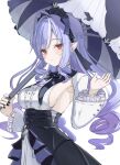  1girl ahoge armpits ascot black_nails blush bow bowtie breast_curtains breasts center_frills closed_mouth drill_hair drill_sidelocks frills hairband hand_up highres holding holding_umbrella large_breasts long_hair long_sleeves looking_at_viewer mole mole_under_eye multicolored_hair pointy_ears purple_ascot purple_bow purple_bowtie purple_hair purple_hairband purple_umbrella red_eyes shrug_(clothing) sideboob sideboob_cutout sidelocks simple_background solo streaked_hair tamamorh umbrella vivian_banshee white_background white_shrug zenless_zone_zero 