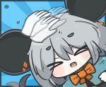  >_< 1girl 1other :d afterimage animal_ears black_border black_dress blue_background blue_capelet border bow capelet commentary_request disembodied_hand dress highres mouse_ears mouse_girl mouse_tail nazrin orange_bow sea_urchin smile sparkle tail tail_wagging teeth touhou uni_souchou upper_teeth_only xd 