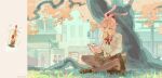  1girl absurdres animal_ears ankii_illus black_skirt blush book bow bowtie bread bread_slice commentary english_commentary evanescia_(honkai:_star_rail) flower food food_in_mouth fox_ears fox_girl grass hair_bow hair_flower hair_ornament highres honkai:_star_rail honkai_(series) indian_style long_hair long_sleeves mouth_hold pantyhose pink_hair rabbit_ears red_bow shirt sitting skirt solo_focus toast toast_in_mouth traffic_light tree white_shirt 