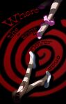  2girls absurdres alien_stage ankle_scrunchie black_background blood blood_on_leg commentary english_text exposed_muscle flats highres korean_commentary lower_body mizi_(alien_stage) multiple_girls official_art out_of_frame pink_scrunchie pink_shoes scrunchie shoes spiral sua_(alien_stage) veins white_shoes 