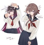  2girls ^^^ absurdres alternate_costume anger_vein black_hair black_ribbon blue_eyes blue_sailor_collar blue_skirt blush bow brown_hair closed_mouth columbina_(genshin_impact) contemporary english_commentary english_text finger_frame genshin_impact hair_bow hair_ornament hair_ribbon halation_pupils head_wings highres long_hair long_sidelocks long_sleeves multicolored_hair multiple_girls multiple_wings neckerchief one_eye_closed pleated_skirt purple_eyes purple_hair purple_streaks red_neckerchief ribbon rubbing_eyes sailor_collar sandrone_(genshin_impact) school_uniform serafuku shirt short_hair short_hair_with_long_locks sidelocks simple_background skirt smile streaked_hair tracen_school_uniform two-tone_hair unusually_open_eyes very_long_hair white_background white_shirt white_wings wing_hair_ornament wings xu_(anniechika) 