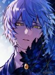  1girl angela_(project_moon) badge black_feathers blue_hair brooch chubbee2412 collared_shirt crying feathers highres jewelry library_of_ruina looking_at_viewer portrait project_moon shirt short_hair solo white_shirt yellow_eyes 