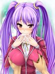  baozi blush breast_grab breasts cleavage flower food fujiwara_yukino grabbing groping highres large_breasts long_hair purple_hair red_eyes school_uniform solo_focus sweatdrop tag_force twintails uni8 yuu-gi-ou yuu-gi-ou_5d's 