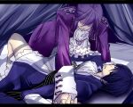  2boys ascot blue_coat blue_hair closed_mouth coat crossdressing crossdressing_(mtf) dress evil_smile evillious_nendaiki feet_out_of_frame frilled_dress frills holding_hands kaito_(vocaloid) kamui_gakupo karchess_crim knee_up letterboxed long_sleeves lying male_focus multiple_boys on_back open_clothes open_coat parted_lips purple_coat purple_hair sateriasis_venomania shaded_face short_hair sleeve_cuffs smile third-party_source tomozo_s venomania_kou_no_kyouki_(vocaloid) vocaloid white_ascot white_dress yaoi 