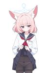  1girl alt_text animal_ear_fluff animal_ears black_pantyhose black_sailor_collar blue_archive blue_eyes blue_halo blush bow bow_panties commentary fox_ears fox_girl hair_intakes halo highres lmg7811 neckerchief niko_(blue_archive) panties panties_under_pantyhose pantyhose pink_hair red_neckerchief sailor_collar school_uniform shirt short_hair simple_background skirt solo sweatdrop thighband_pantyhose triangle_halo underwear white_background white_panties white_shirt 