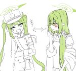  +++ 2girls armband arrow_(symbol) blue_archive blush buttons closed_eyes commentary_request double-breasted dress embarrassed flying_sweatdrops frilled_dress frills green_hair green_halo hair_down hair_ornament hair_over_shoulder hair_scrunchie halo hat highres ice_dead_ice jacket kepi korean_commentary laughing long_hair low_side_ponytail military_hat multiple_girls nozomi_(blue_archive) nozomi_(kujibikido)_(blue_archive) official_alternate_costume partially_colored scrunchie shawl shorts side_ponytail smile very_long_hair yellow_eyes 