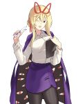  1girl :d ;d absurdres alternate_costume alternate_hairstyle black_pantyhose blonde_hair breasts clipboard coat coat_on_shoulders collared_shirt commentary contemporary gap_(touhou) grey_background hair_bun highres holding holding_clipboard looking_at_viewer medium_breasts neat_ad4816 office_lady one_eye_closed open_mouth pantyhose purple_coat purple_eyes purple_nails purple_skirt shirt simple_background skirt smile solo touhou white_shirt yakumo_yukari 