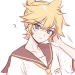  1boy ? adjusting_hair antenna_hair bass_clef black_sailor_collar blonde_hair blue_eyes collarbone commentary_request double-parted_bangs frown g_hana hair_between_eyes highres kagamine_len kagamine_len_(nt) looking_at_viewer male_focus necktie ponytail sailor_collar shirt short_hair short_ponytail short_sleeves sidelocks signature simple_background solo upper_body vocaloid white_background white_shirt yellow_necktie 